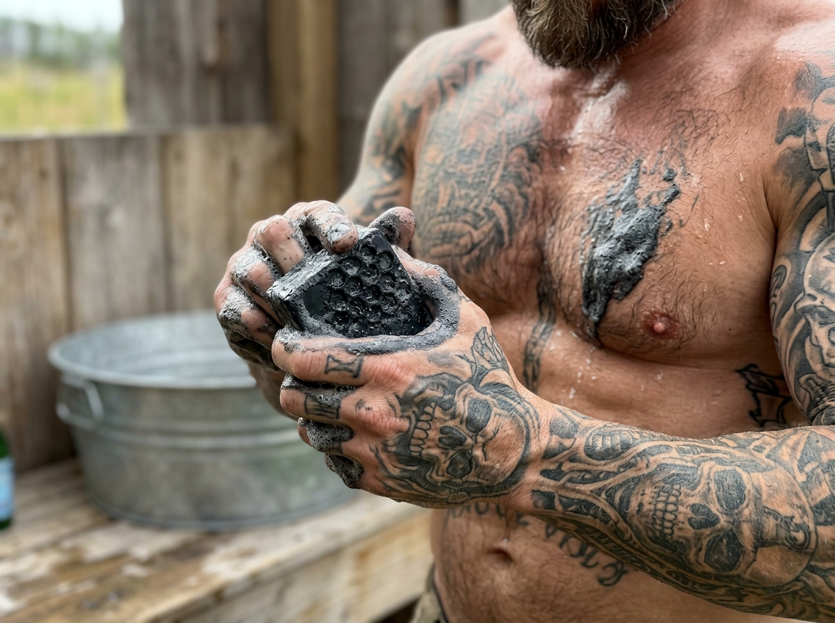 Old Guard Soap Co. Tactical Madness 5 oz clay bar with fresh pear scent, used for skincare or shaving routines.