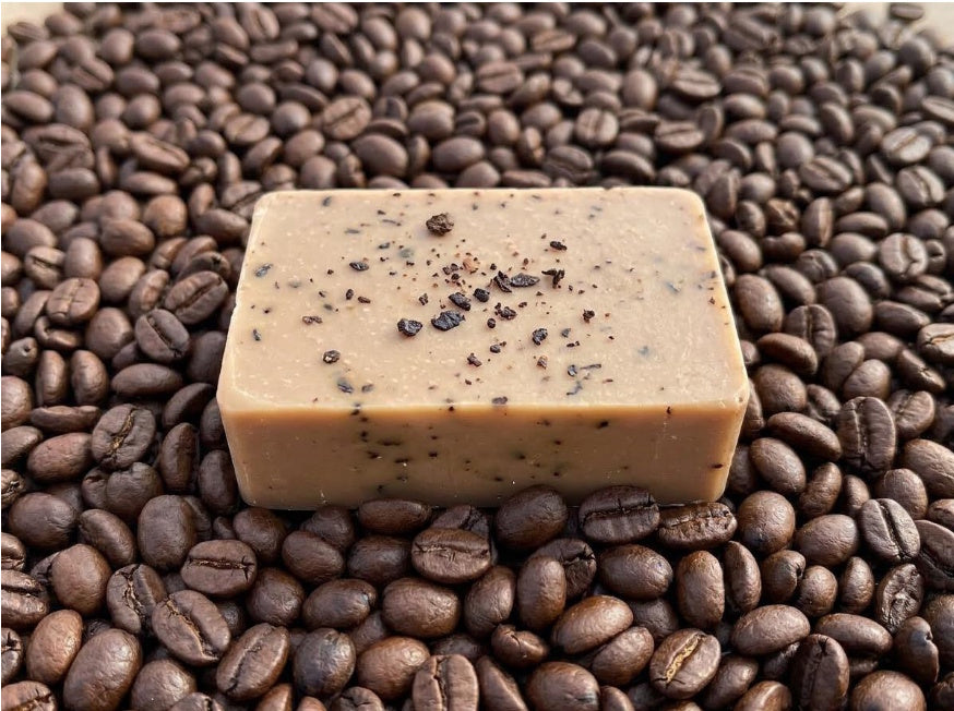 Old Guard Soap Co. FIELD BREW BAR with coffee, vanilla, and goat milk, showing a rustic soap bar with natural ingredients.