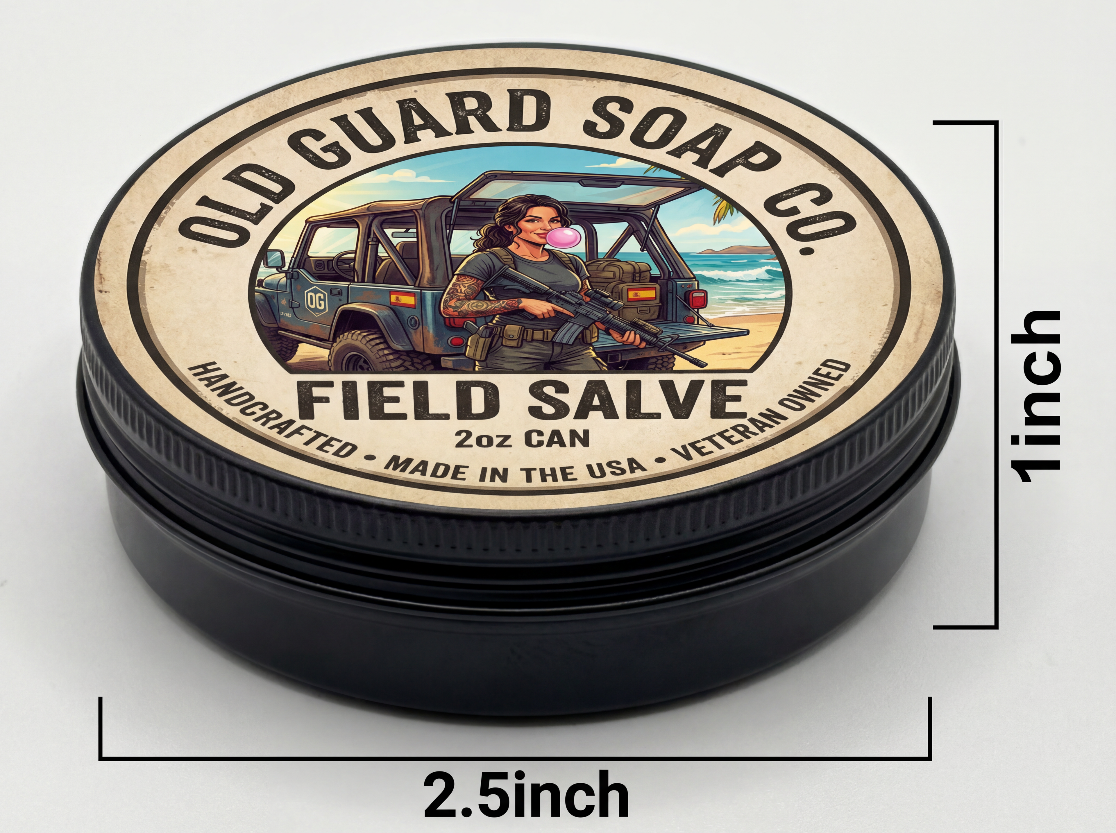 Old Guard Soap Co. Field Salve container with dimensions on a white background