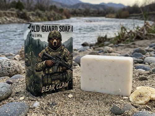 Old Guard Soap Co. 5 oz clay bar with goat milk, teakwood scent, featuring natural clay for cleansing and skincare.
