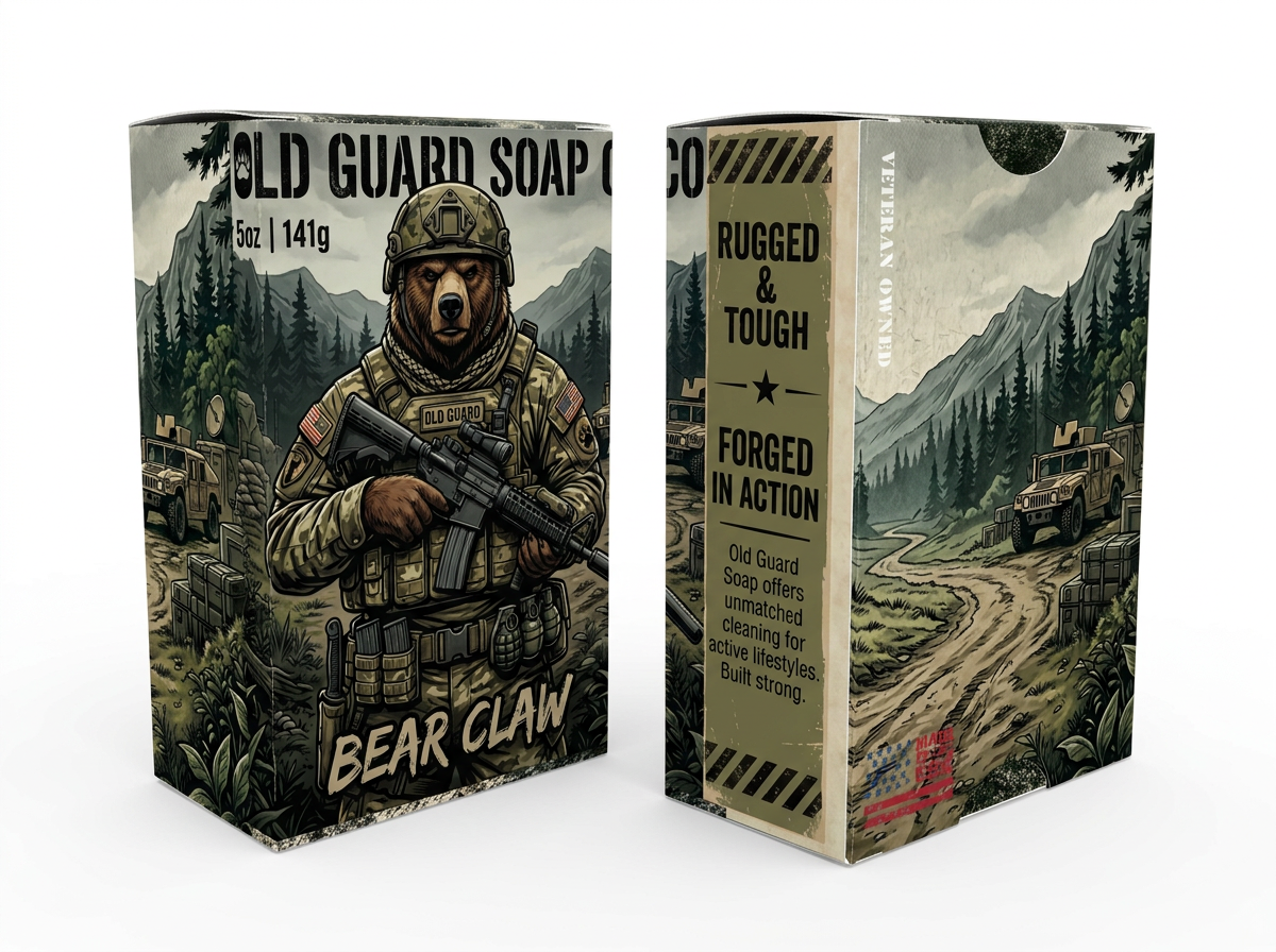 Two soap boxes with military-themed design and 'Old Guard Soap' branding.