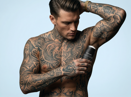 Man with tattoos holding a can against a light blue background, putting on Old Guard Soap Co. deodorant 