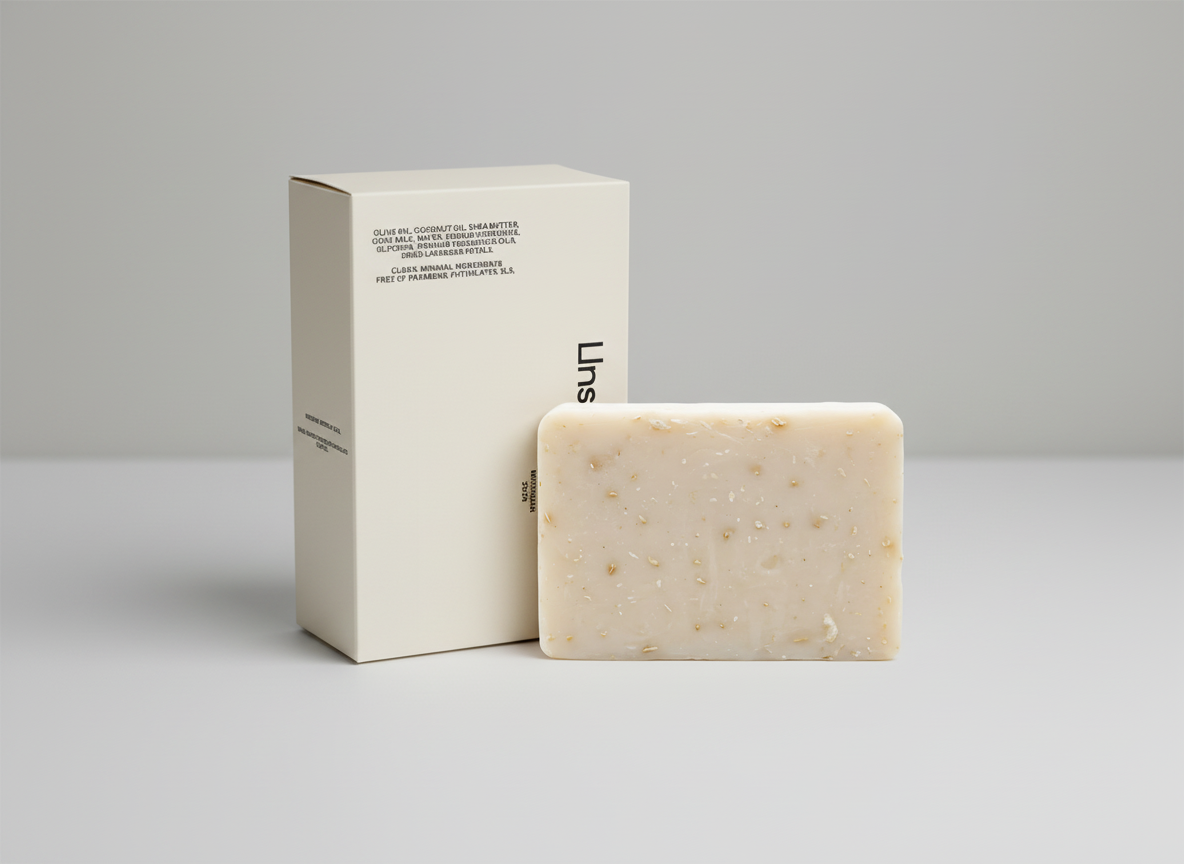 Bar of soap and its packaging on a light gray background