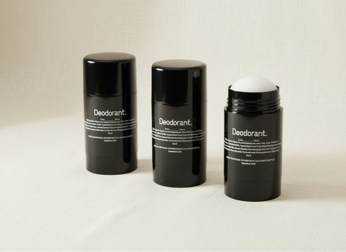 Three black deodorant containers with white labels on a beige background by Old Guard Soap Co.