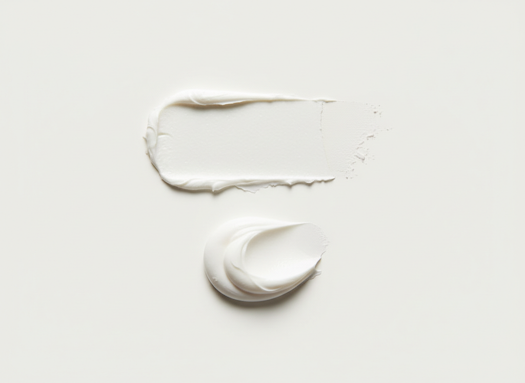 Two smears of white cream on a light gray background