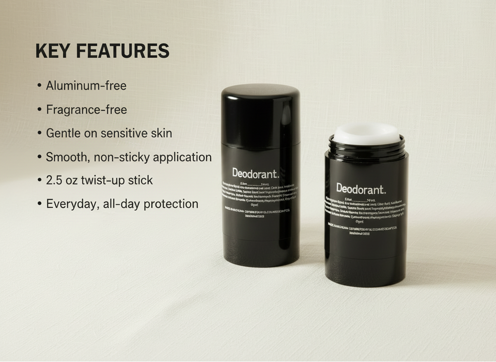 Two black deodorant sticks with white labels on a beige background, featuring key features text.