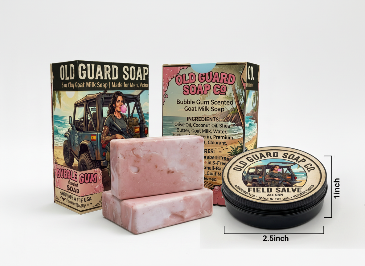 Old Guard Soap Co. Bubblegum & Bourbon Bundle featuring 5oz goat milk clay soap and 2oz field salve, with soap and salve containers.
