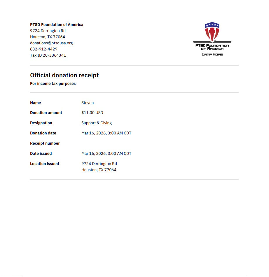 Official donation receipt from the PTSD Foundation of America with contact information and details.