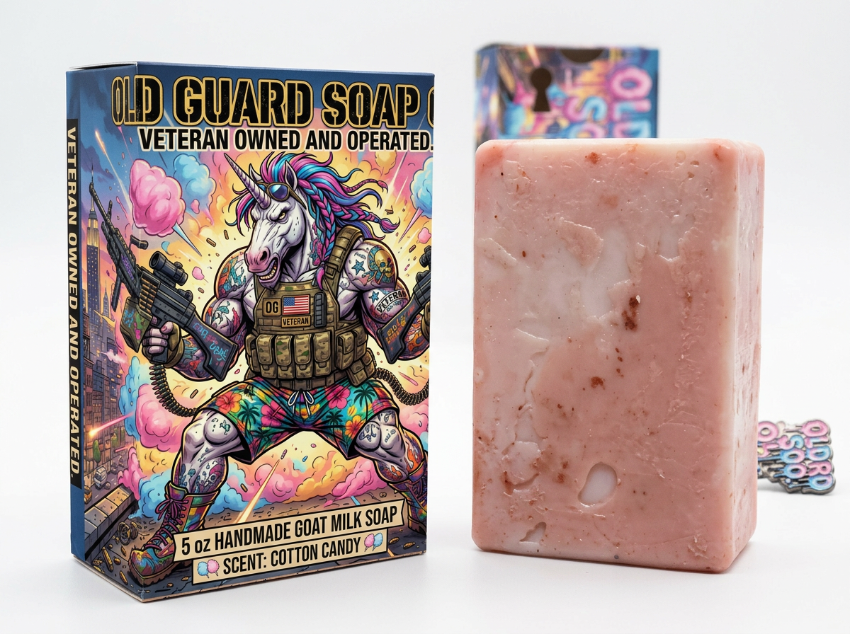 Old Guard Soap Co. Cotton Candy Overwatch clay milk soap bar in 5oz size, showcasing a pastel pink and blue design.