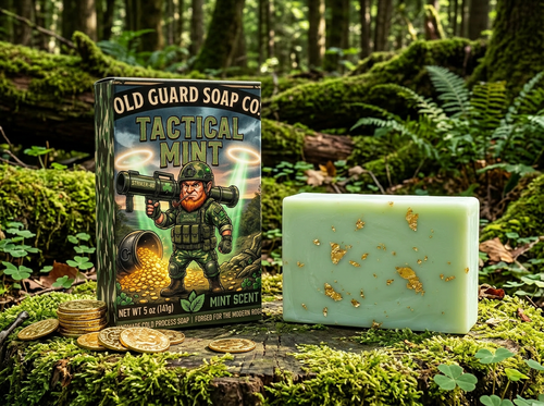 Old Guard Soap Co. Tactical Mint soap and packaging on a forest background