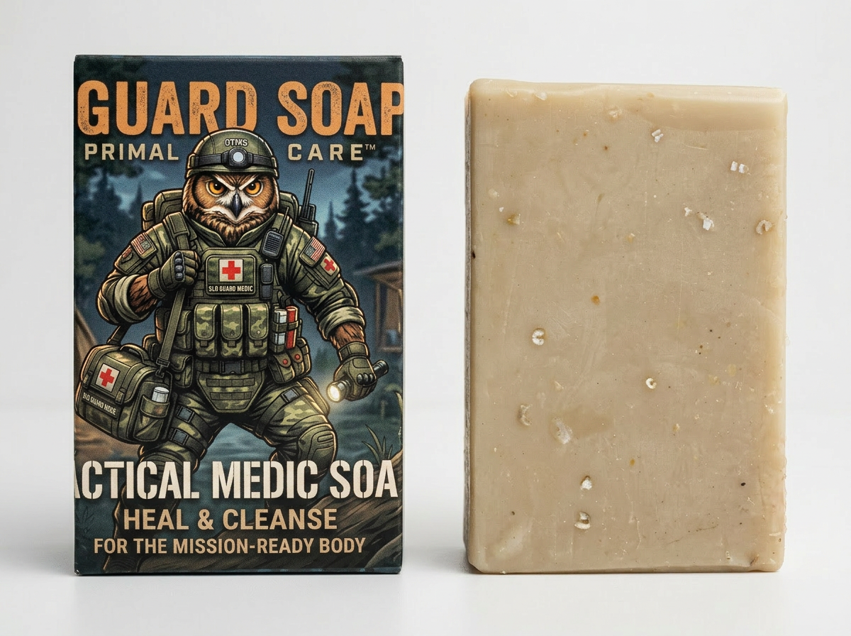 Guard Soap packaging with an illustration of a soldier and a bar of soap on a white background