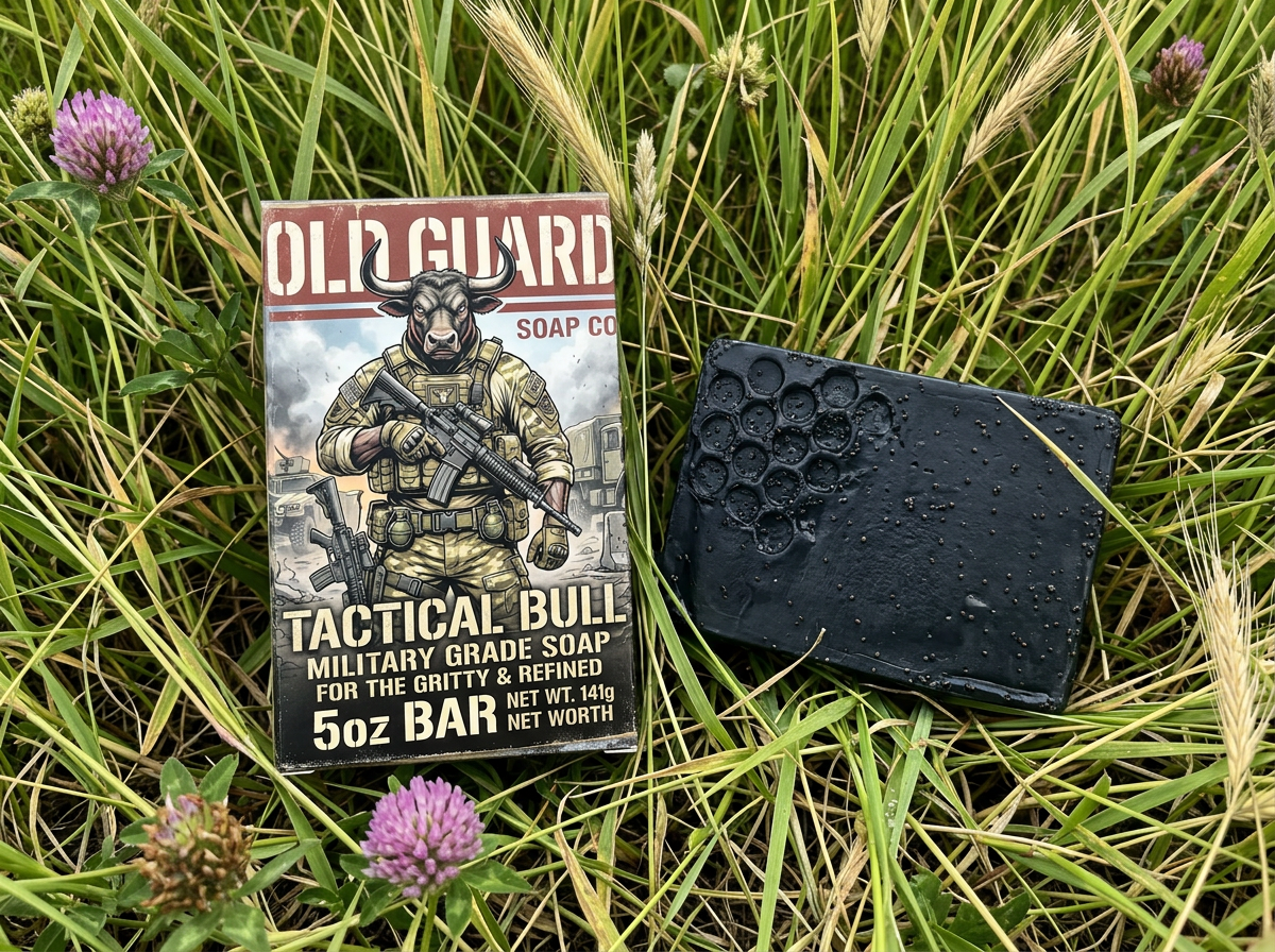 Tactical bull military grade soap bar and packaging on grass with purple flowers