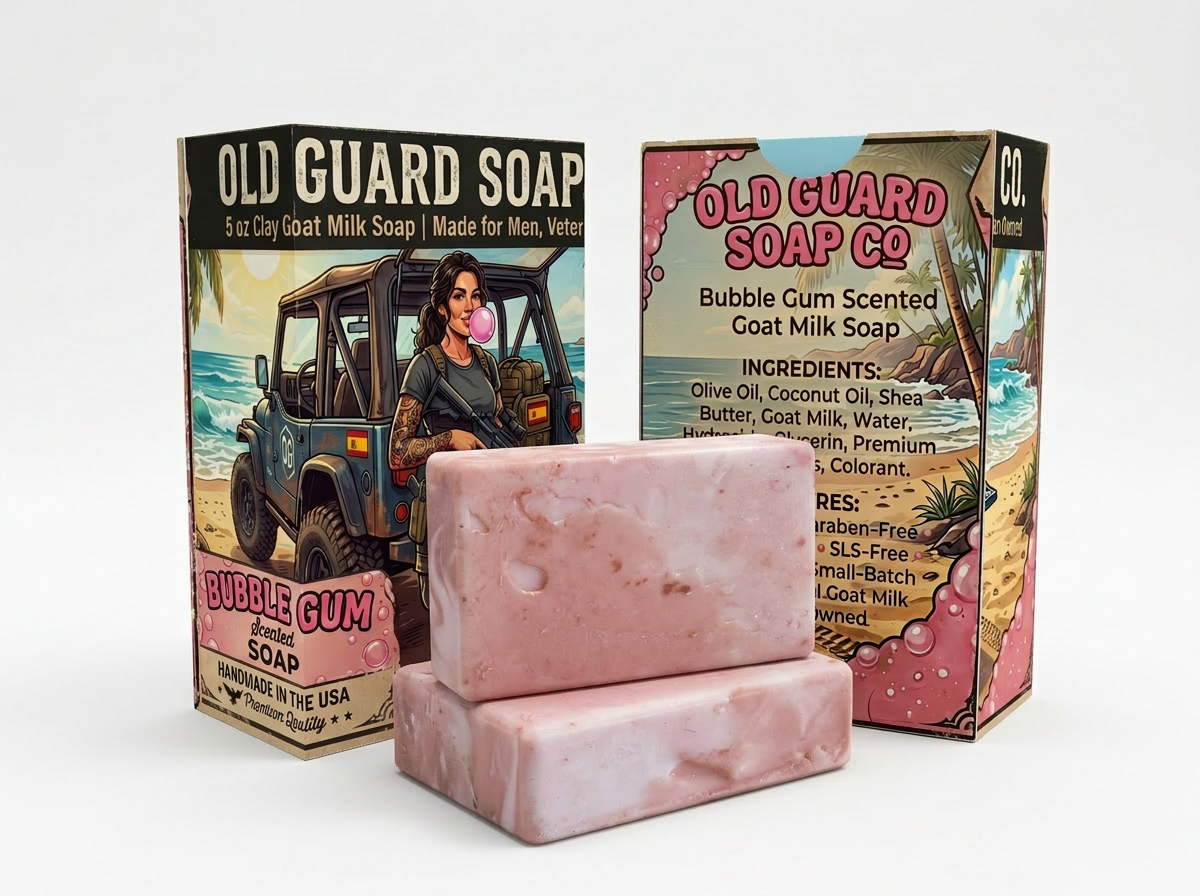 Old Guard Soap Co. MK-BUBBLE-01 Sweet Strike clay goat milk soap bar with textured surface and natural color, close-up view.