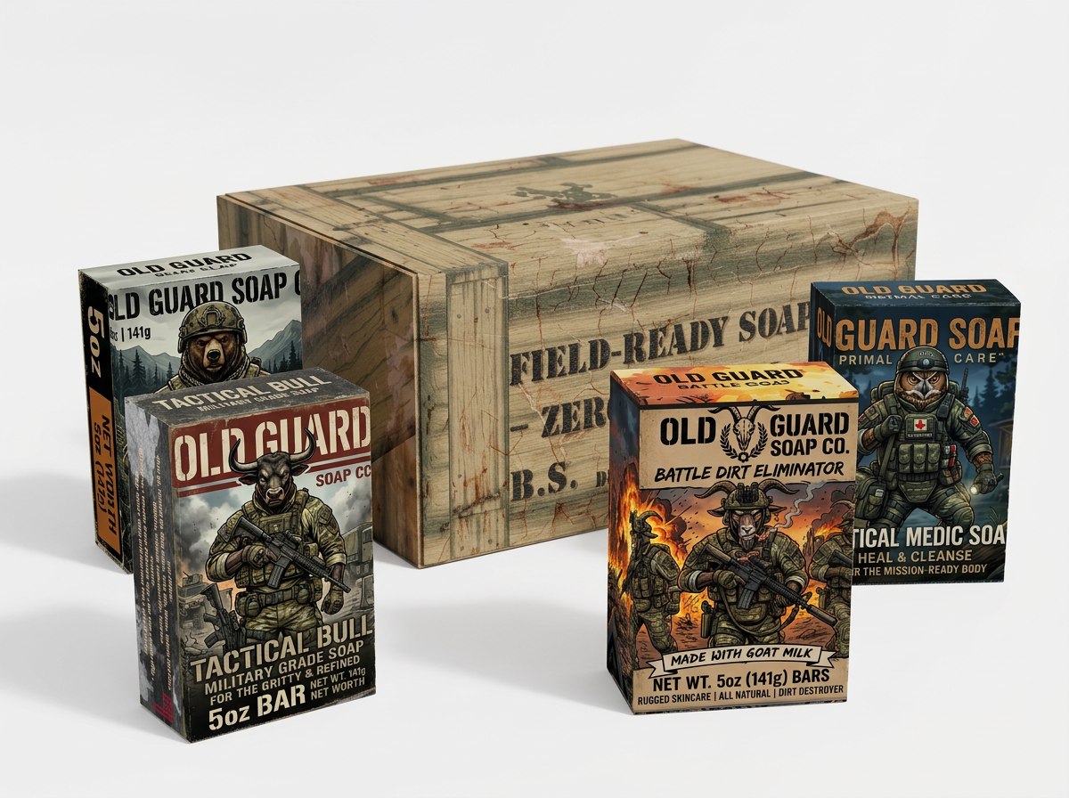 Collection of Old Guard soap packages with a wooden crate in the background