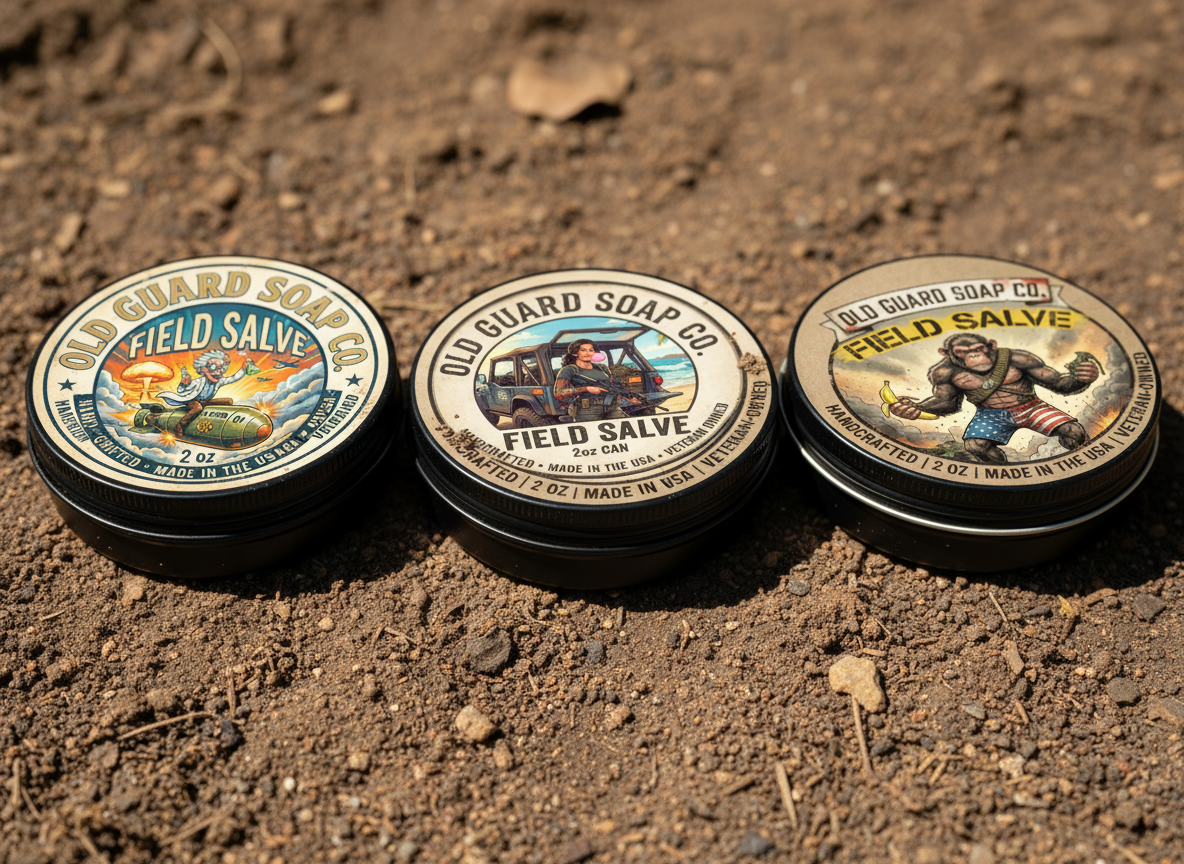 Three tins of Old Guard Soap Co. Field Salve on a dirt surface
