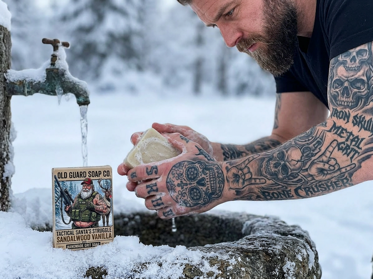 Man with tattoos holding a bar of soap next to Old Guard Soap Co. packaging in a snowy setting.