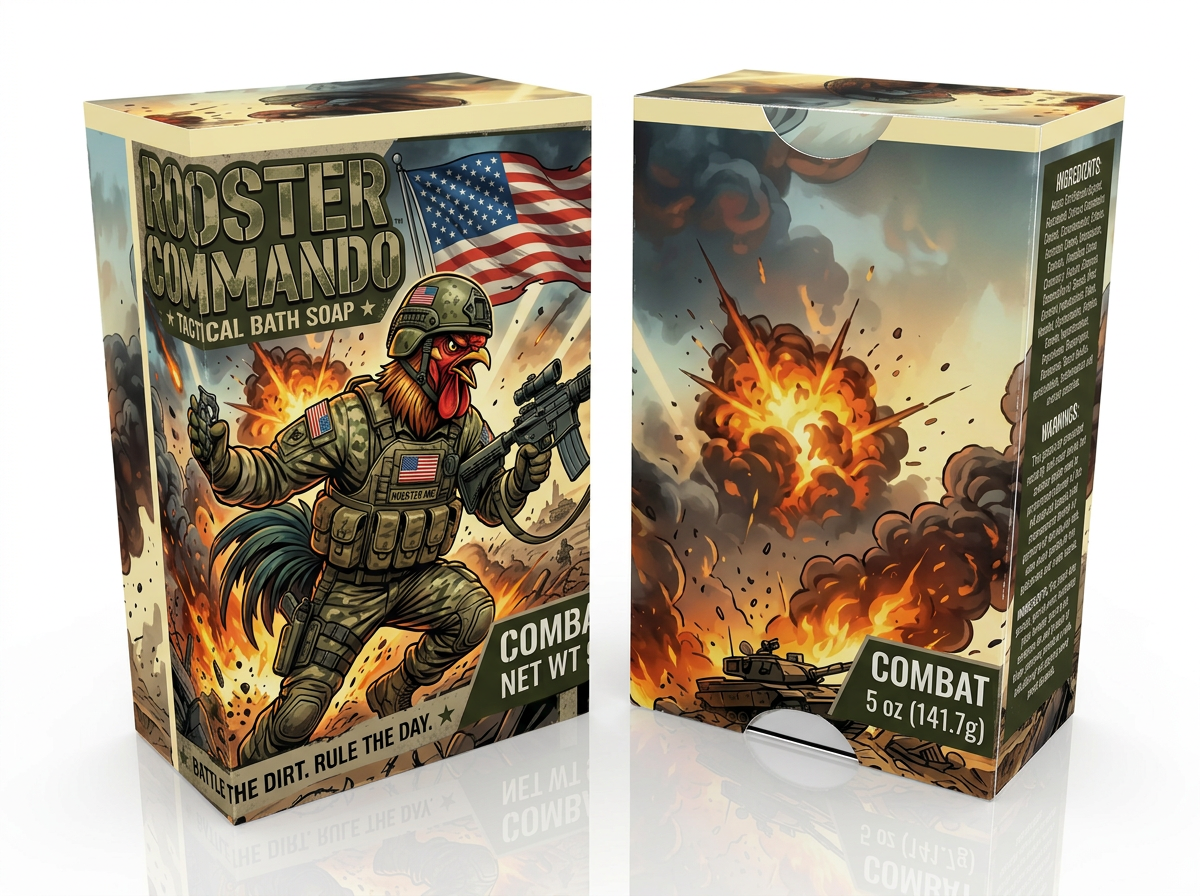 Box of Rooster Commando tactical bath soap with soldier and American flag design.