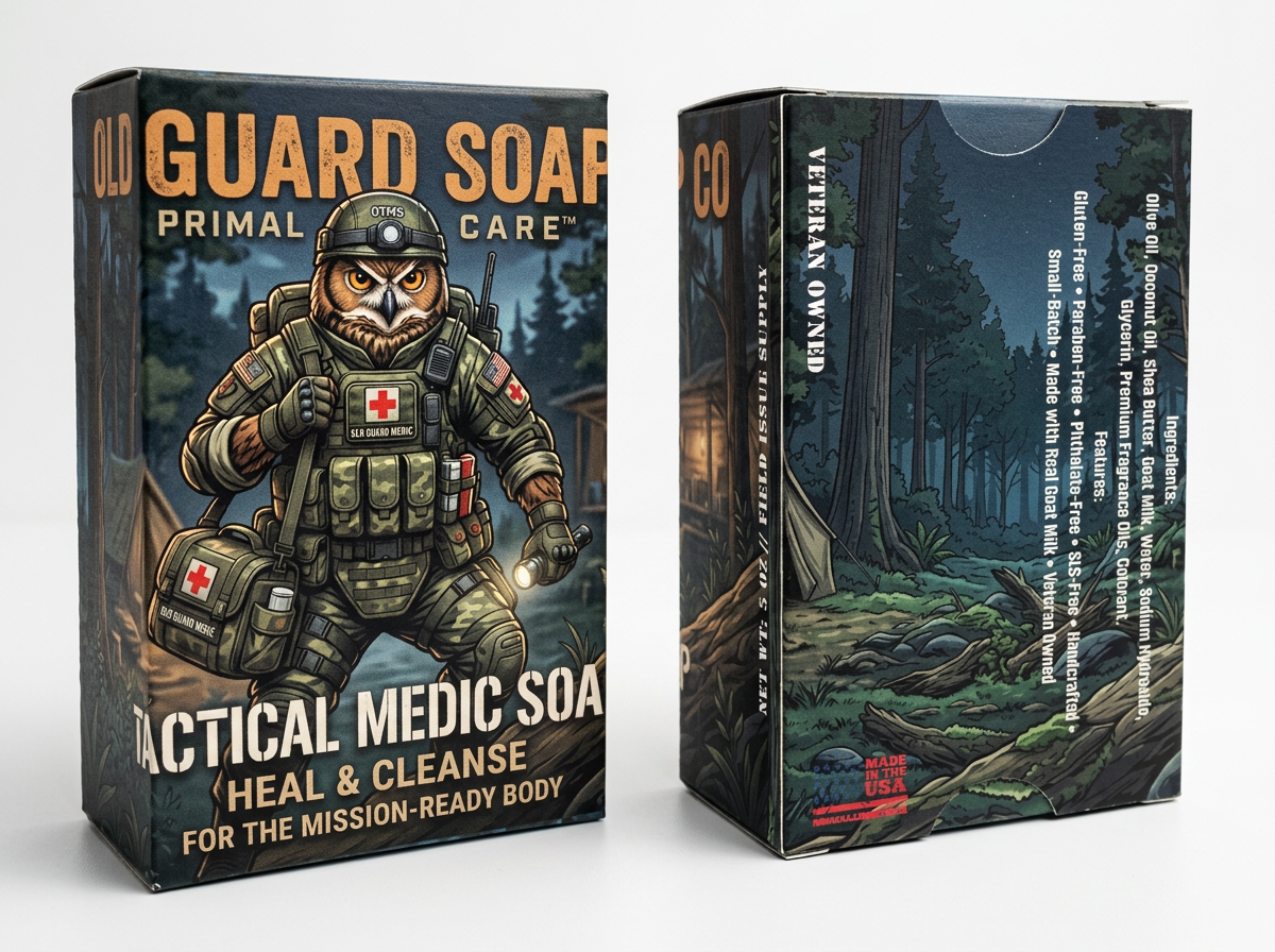 Two boxes of 'Old Guard Soap' with a soldier and forest design on a white background