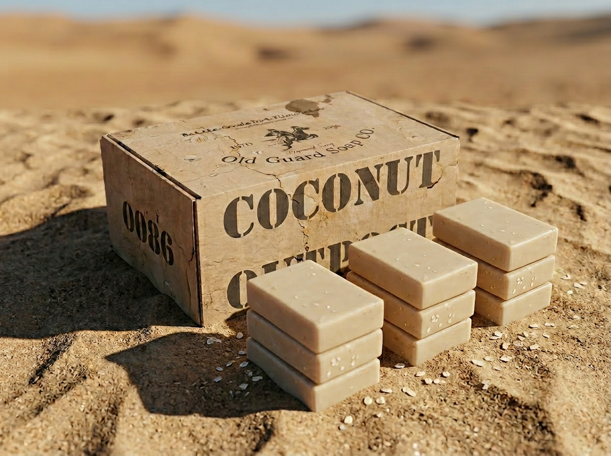 Box of Old Guard Soap Co. coconut soap bars on sand