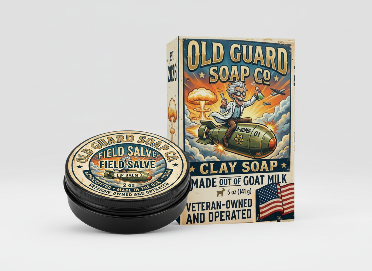 Old Guard Soap Co. Bubblegum & Bourbon bundle with 5oz goat milk clay soap and 2oz field salve in colorful packaging