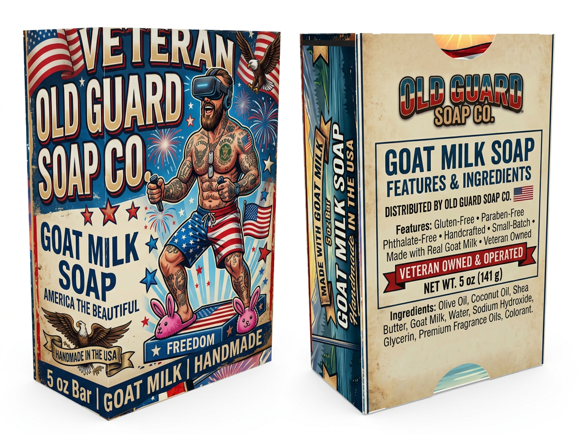 Two packaging designs for Old Guard Soap Co. goat milk soap on a white background.