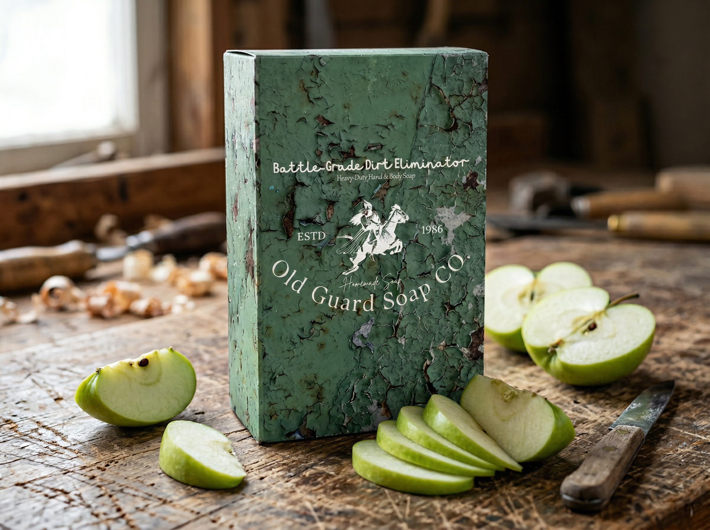 Green soap bar with 'Old Guard Soap Co' branding on a rustic wooden surface with apple slices.