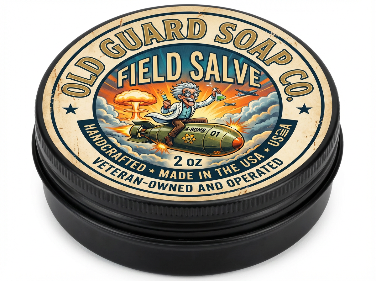Old Guard Soap Co. Field Salve container with vintage design on a white background