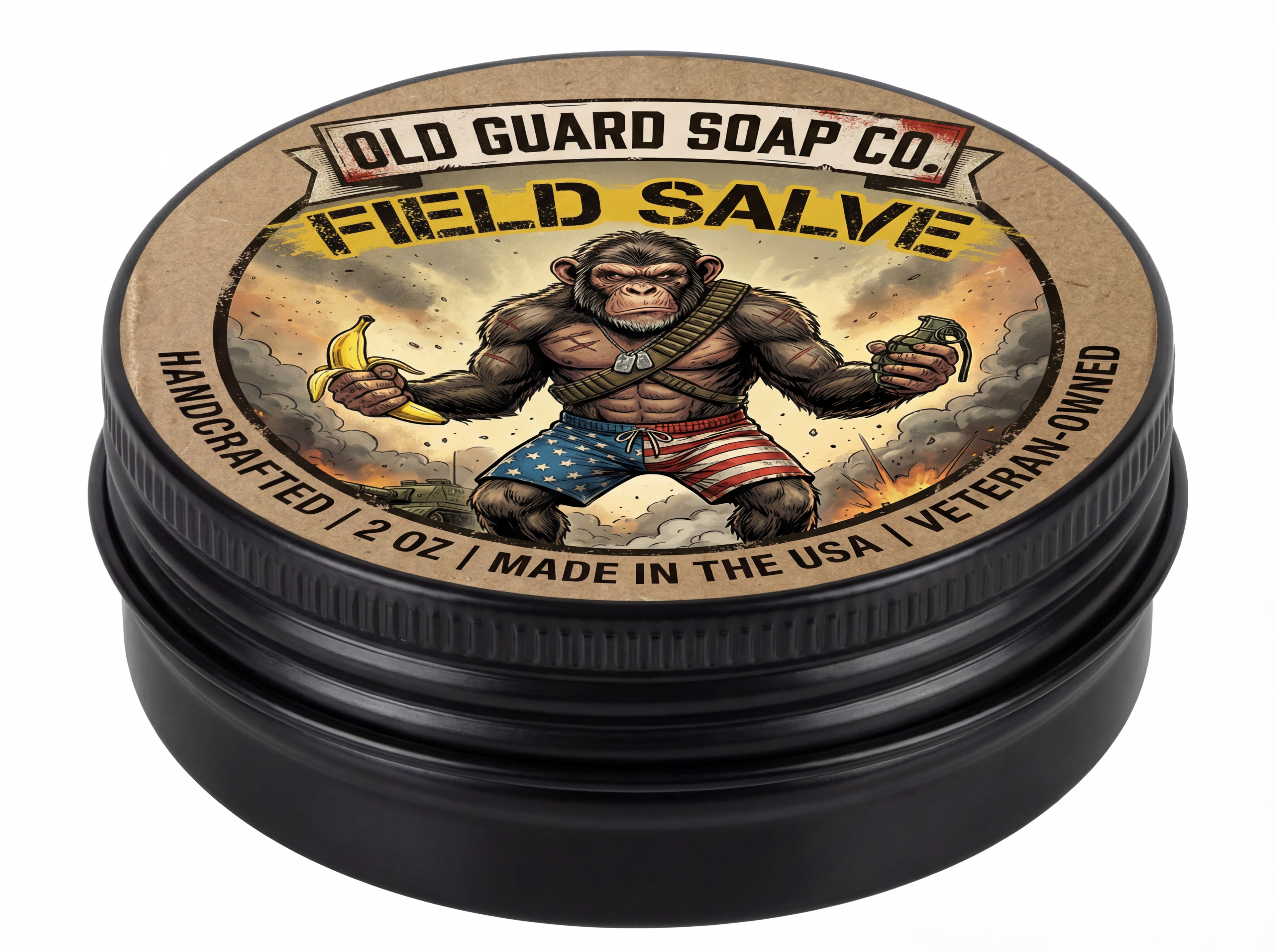 Field Salve container with gorilla illustration and 'Old Guard Soap Co.' branding
