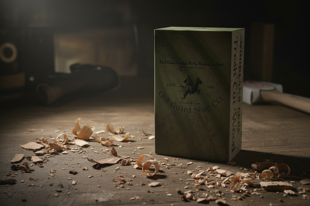 Old Guard Soap Co. Woodland Edge body wash with fresh wood scent, featuring natural homemade soap in a clear bottle.