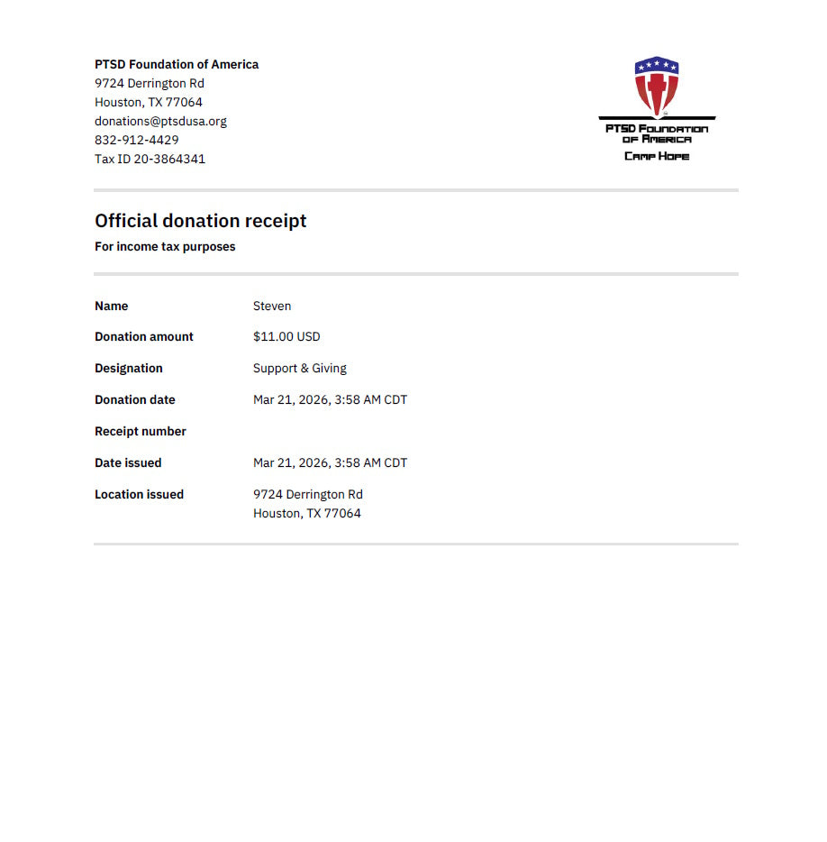 Official donation receipt from the PTSD Foundation of America with contact information and details.