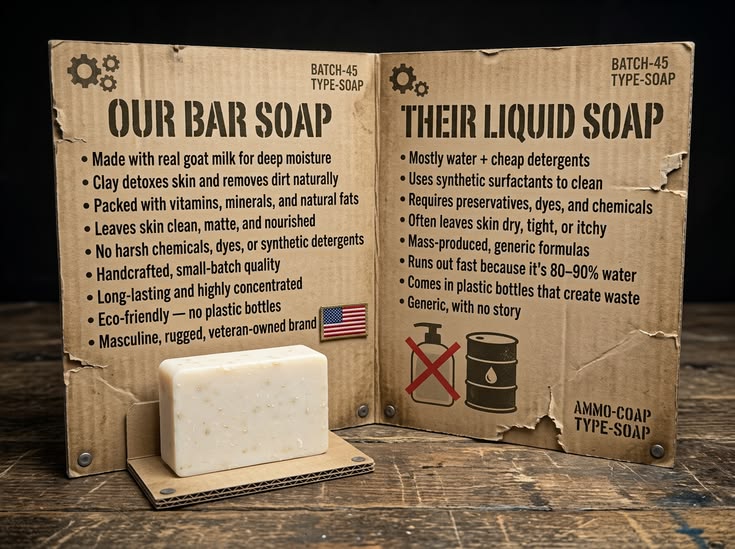 Comparison of bar soap and liquid soap on a cardboard display with text details.