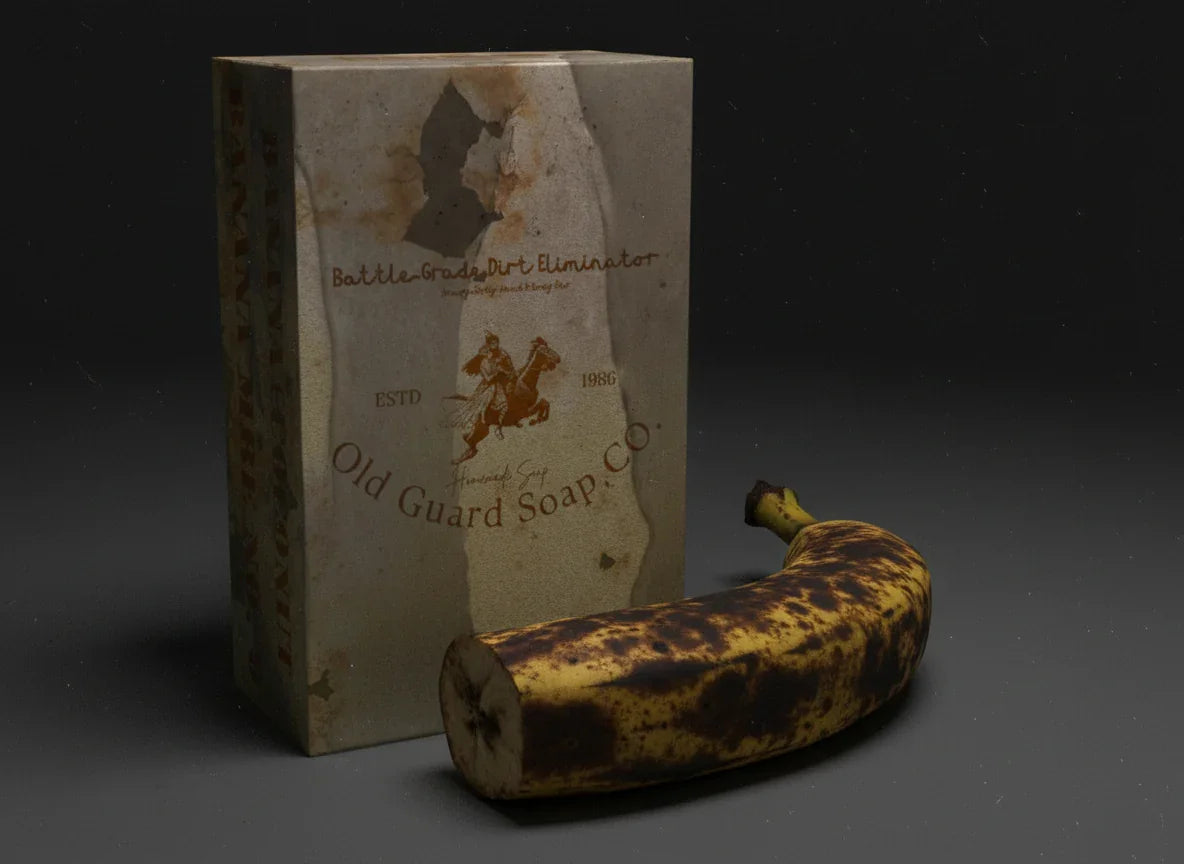 Handcrafted soap box with vintage design beside ripe, speckled banana on dark background