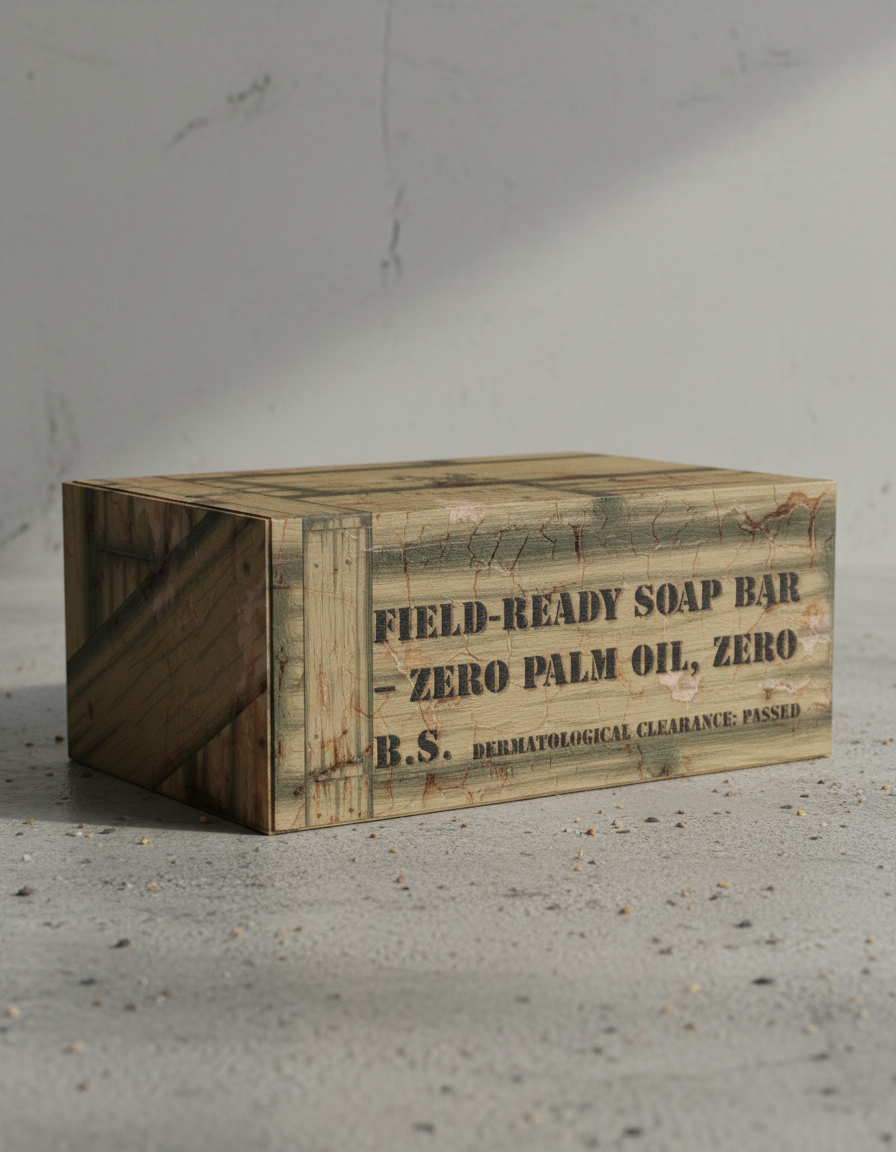 Wooden box labeled 'Field-Ready Soap Bar' on a concrete floor.